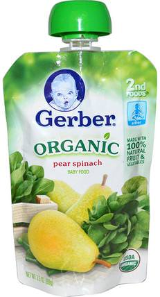 2nd Foods, Organic Baby Food, Pear Spinach, 3.5 oz (99 g) by Gerber, 兒童健康，兒童食品，嬰兒餵養，食物 HK 香港