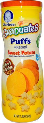 Graduates, Puffs Cereal Snack, Sweet Potato, Crawler, 1.48 oz (42 g) by Gerber, 兒童健康，嬰兒餵養，畢業生，泡芙 HK 香港