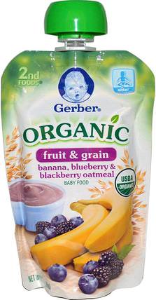 2nd Foods, Organic Baby Food, Fruit & Grain, Banana, Blueberry & Blackberry Oatmeal, 3.5 oz (99 g) by Gerber, 兒童健康，兒童食品，嬰兒餵養，食物 HK 香港