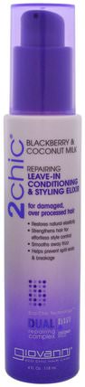 2Chic, Repairing Leave-In Conditioning & Styling Elixir, for Damaged Over Processed Hair, Blackberry & Coconut Milk, 4 fl oz (118 ml) by Giovanni, 洗澡，美容，頭髮，頭皮 HK 香港