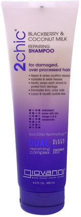 2Chic, Repairing Shampoo, for Damaged Over Processed Hair, Blackberry & Coconut Milk, 8.5 fl oz (250 ml) by Giovanni, 洗澡，美容，頭髮，頭皮 HK 香港