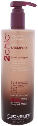 2Chic, Ultra-Sleek Shampoo, for All Hair Types, Brazilian Keratin & Argan Oil, 24 fl oz (710 ml) by Giovanni, 洗澡，美容，頭髮，頭皮 HK 香港