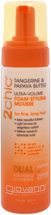 2Chic, Ultra-Volume Foam Styling Mousse, for Fine Limp Hair, Tangerine & Papaya Butter, 7 fl oz (207 ml) by Giovanni, 洗澡，美容，頭髮，頭皮 HK 香港