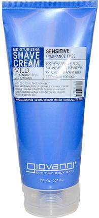 Moisturizing Shave Cream, Sensitive, Fragrance Free, 7 fl oz (207 ml) by Giovanni, 洗澡，美容，剃須膏，摩洛哥堅果 HK 香港