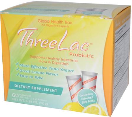 ThreeLac Probiotic, Lemon Flavor, 60 Packets.053 oz (1.5 g) Each by Global Health Trax, 補充劑，益生菌 HK 香港