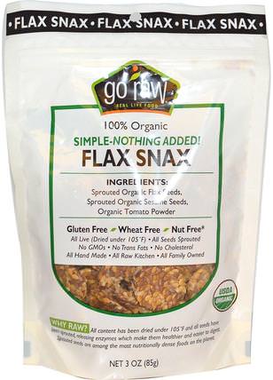 Organic Flax Snax, Simple-Nothing Added!, 3 oz (85 g) by Go Raw, 食品，小吃，零食混合物，補品，亞麻籽 HK 香港