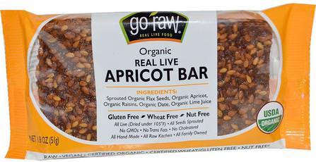 Organic Real Live Apricot Bar, 1.8 oz (51 g) by Go Raw, 補充劑，營養棒，亞麻籽 HK 香港
