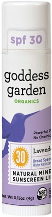 Organics, Natural Mineral Sunscreen Lip Balm, SPF 30, Lavender Mint, 0.15 oz (4 g) by Goddess Garden, 洗澡，美容，唇部護理，唇部防曬霜 HK 香港