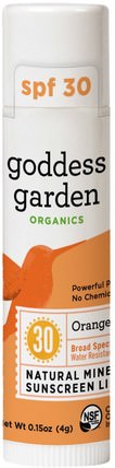 Organics, Natural Mineral Sunscreen Lip Balm, SPF 30, Orange Vanilla, 0.15 oz (4 g) by Goddess Garden, 洗澡，美容，唇部護理，唇部防曬霜 HK 香港