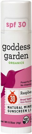 Organics, Natural Mineral Sunscreen Lip Balm, SPF 30, Raspberry, 0.15 oz (4 g) by Goddess Garden, 洗澡，美容，唇部護理，唇部防曬霜 HK 香港