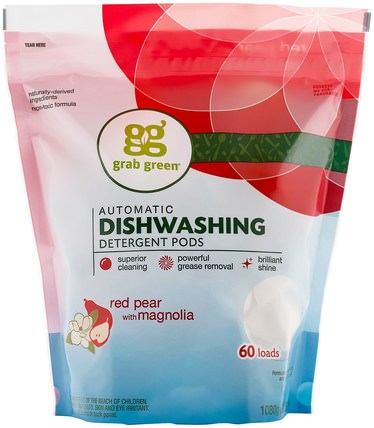 Automatic Dishwashing Detergent Pods, Red Pear with Magnolia, 60 Loads, 2 lbs 4 oz (1.080 g) by GrabGreen, 家，洗碗 HK 香港