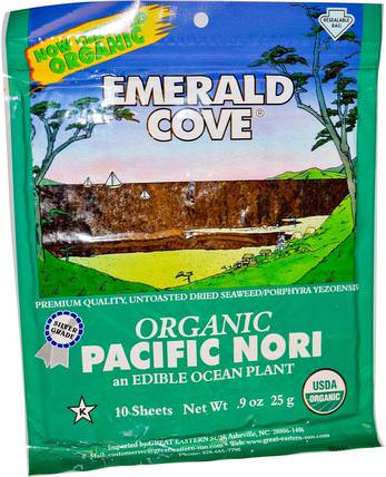 Emerald Cove, Organic Pacific Nori, 10 Sheets, 0.9 oz (25 g) by Great Eastern Sun, 補充劑，藻類各種各樣，偉大的東部太陽翡翠灣海蔬菜 HK 香港