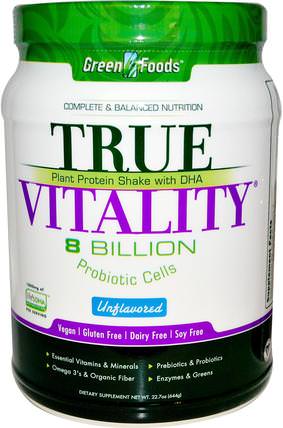 True Vitality, Plant Protein Shake with DHA, Unflavored, 22.7 oz (644 g) by Green Foods Corporation, 補充劑，蛋白質奶昔 HK 香港