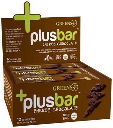Plusbar, Energy Chocolate, 12 Bars, 2 oz (59 g) Each by Greens Plus, 補充劑，營養棒 HK 香港