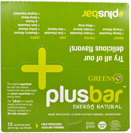 Plusbar, Energy Natural, 12 Bars, 2 oz (59 g) Each by Greens Plus, 補充劑，營養棒 HK 香港