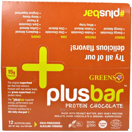 Plusbar, Protein Chocolate, 12 Bars, 2 oz (59 g) Each by Greens Plus, 運動，蛋白質棒，營養棒 HK 香港