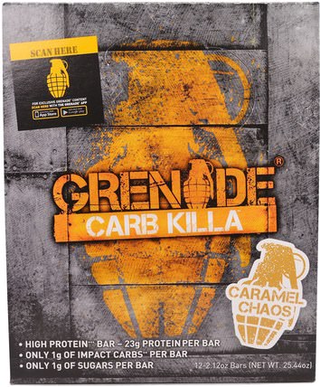 Carb Killa Bars, Caramel Chaos, 12 Bars, 2.12 oz (60 g) Each by Grenade, 運動，蛋白質棒 HK 香港