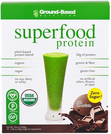Organic Superfood Protein, Rich Chocolate, 10 Packets, 1.06 oz (30 g) Each by Ground Based Nutrition, 補品，超級食品，抗氧化劑 HK 香港