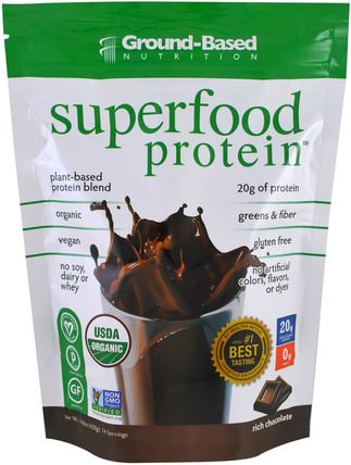 Organic Superfood Protein, Rich Chocolate, 14.8 oz (420 g) by Ground Based Nutrition, 補品，超級食品，抗氧化劑 HK 香港