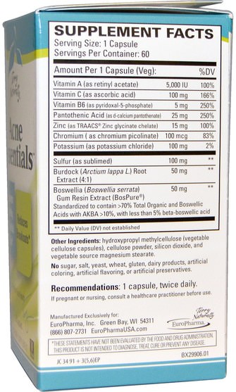 健康，痤瘡 - EuroPharma, Terry Naturally, Acne Essentials, 60 Capsules