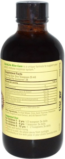 健康，過敏，過敏，兒童健康，補充兒童 - ChildLife, Essentials, Aller-Care, Natural Grape Flavor, 4 fl oz (118.5 ml)