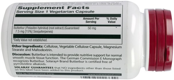 健康，過敏，蜂斗菜 - Solaray, Butterbur, Extract, 50 mg, 60 Veggie Caps