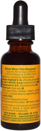 健康，抗疼 - Herb Pharm, Willow Minor Pain Response, Nervous System, 1 fl oz (30 ml)