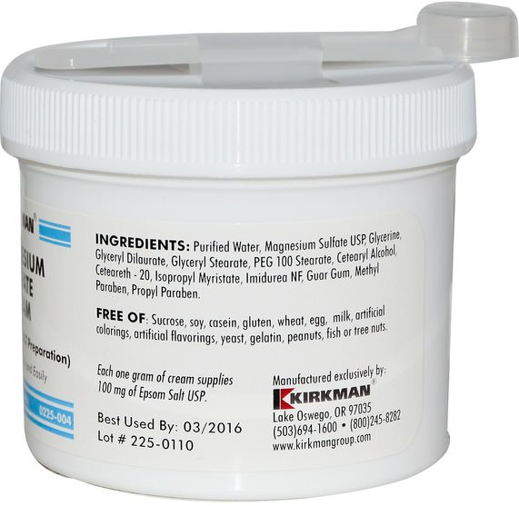 健康，抗疼 - Kirkman Labs, Magnesium Sulfate Cream, 4 oz (113 g)