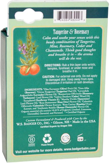 健康，抗壓力，沐浴，美容，香薰精油 - Badger Company, Stress Soother, Tangerine & Rosemary.60 oz (17 g)