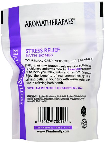 健康，抗壓力，情緒 - Smith & Vandiver, Stress Relief Bath Bombs with Lavender Essential, 4 Effervescent Bath Balls, 0.8 oz (22 g) Each