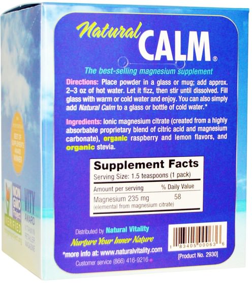 健康，抗壓力 - Natural Vitality, Natural Calm, The Anti-Stress Drink, Organic Raspberry-Lemon Flavor, 30 Single-Serving Packs, 0.12 oz (3.3 g)