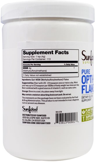 健康，關節炎，抗疼痛 - Sunfood, Pure Opti-MSM Flakes, 1 lb (454 g)