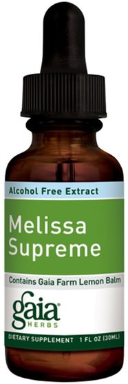 健康，注意力缺陷障礙，添加，adhd，腦 - Gaia Herbs, Melissa Supreme, Alcohol-Free Extract, 1 fl oz (30 ml)