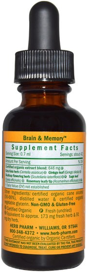 健康，注意力缺陷障礙，添加，adhd，大腦，記憶 - Herb Pharm, Brain & Memory, Nervous System, 1 fl oz (30 ml)