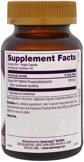 健康，注意力缺陷障礙，添加，adhd，腦 - ReserveAge Nutrition, Phosphatidyl Serine, 60 Veggie Caps
