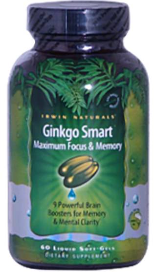 健康，注意力缺陷障礙，添加，adhd，腦，長春西汀，記憶 - Irwin Naturals, Ginkgo Smart, Maximum Focus & Memory, 60 Liquid Soft-Gels