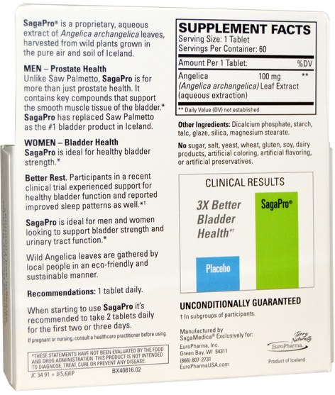 健康，膀胱 - EuroPharma, Terry Naturally, SagaPro Bladder Health, 60 Tablets