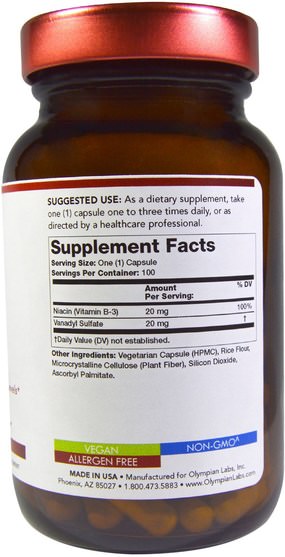 健康，血糖，補品，硫酸氧釩 - Olympian Labs Vanadyl Sulfate-20, 100 Veggie Caps
