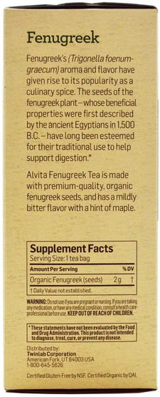健康，血糖支持，胡蘆巴 - Alvita Teas, Organic Fenugreek Tea, Caffeine Free, 24 Tea Bags, 1.69 oz (48 g)