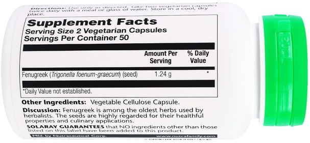 健康，血糖支持，胡蘆巴 - Solaray, Fenugreek, 620 mg, 100 Vegetarian Capsules