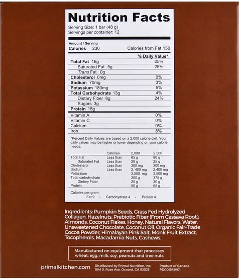 健康，骨骼，骨質疏鬆症，膠原蛋白 - Primal Kitchen, Chocolate Hazelnut, Grass-Fed Collagen, 12 Bars, 1.7 oz (48 g) Each