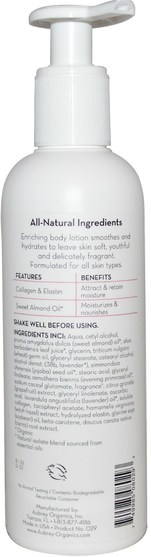 健康，骨骼，骨質疏鬆症，膠原蛋白，皮膚 - Aubrey Organics, Enriching Moisturizing Lotion, Collagen & Almond, 8 fl oz (237 ml)