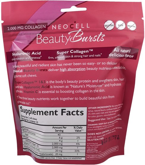 健康，骨骼，骨質疏鬆症，膠原蛋白類型i和iii - Neocell, Beauty Bursts, Gourmet Collagen Soft Chews, Super Fruit Punch, 2.000 mg, 60 Soft Chews
