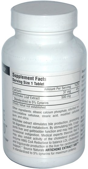 健康，膽固醇支持，朝鮮薊 - Source Naturals, Artichoke Extract 500, 180 Tablets