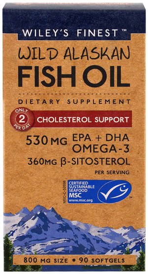 健康，膽固醇支持，膽固醇 - Wileys Finest, Wild Alaskan Fish Oil, Cholesterol Support, 90 Softgels