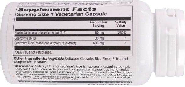 健康，膽固醇支持，紅曲米+輔酶q10 - Solaray, Red Yeast Rice CoQ-10, 60 Vegetarian Capsules