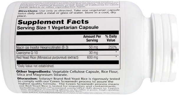 健康，膽固醇支持，紅曲米+輔酶q10 - Solaray, Red Yeast Rice + CoQ-10, 90 Vegetarian Capsules