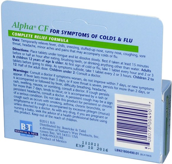 健康，感冒流感和病毒，感冒和流感，補充劑，順勢療法咳嗽感冒和流感 - Boericke & Tafel, Alpha CF, 40 Tablets