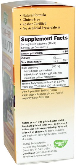 健康，感冒流感和病毒，接骨木（接骨木） - Natures Way, Sambucus, Bio-Certified Elderberry, Sugar-Free, Natural Syrup, 4 fl oz (120 ml)