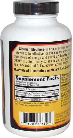 健康，感冒流感和病毒，eleuthero - Imperial Elixir, Siberian Sport, 5000 mg, 180 Capsules